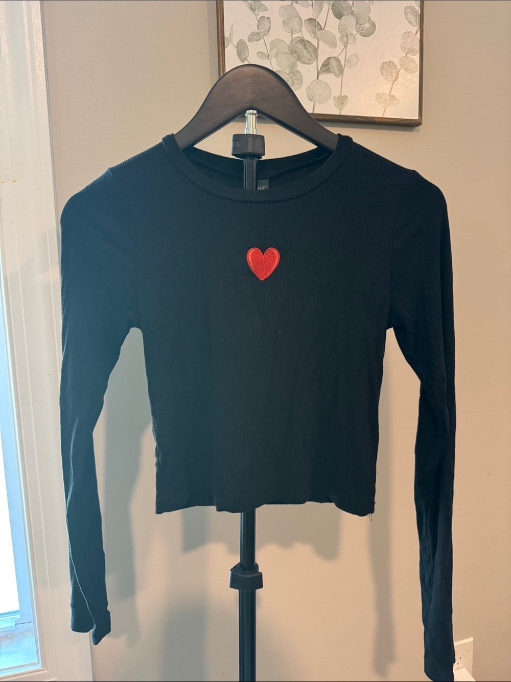 wild fable Black Long-Sleeve Crop Top with Red Heart Patch